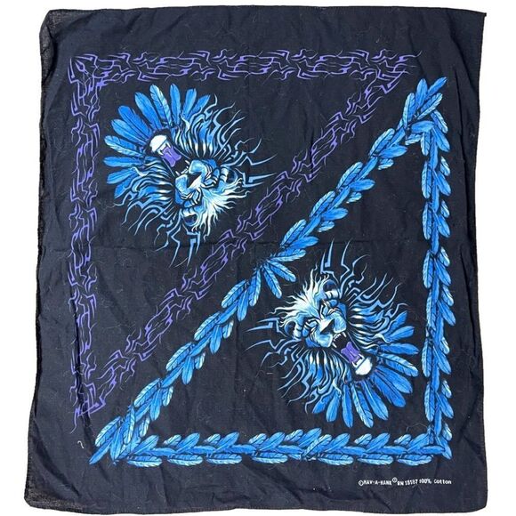 Vintage Hav-A-Hank Black Biker Bandanas with Blue and Purple Lion Designs. 2 pcs - Picture 1 of 14